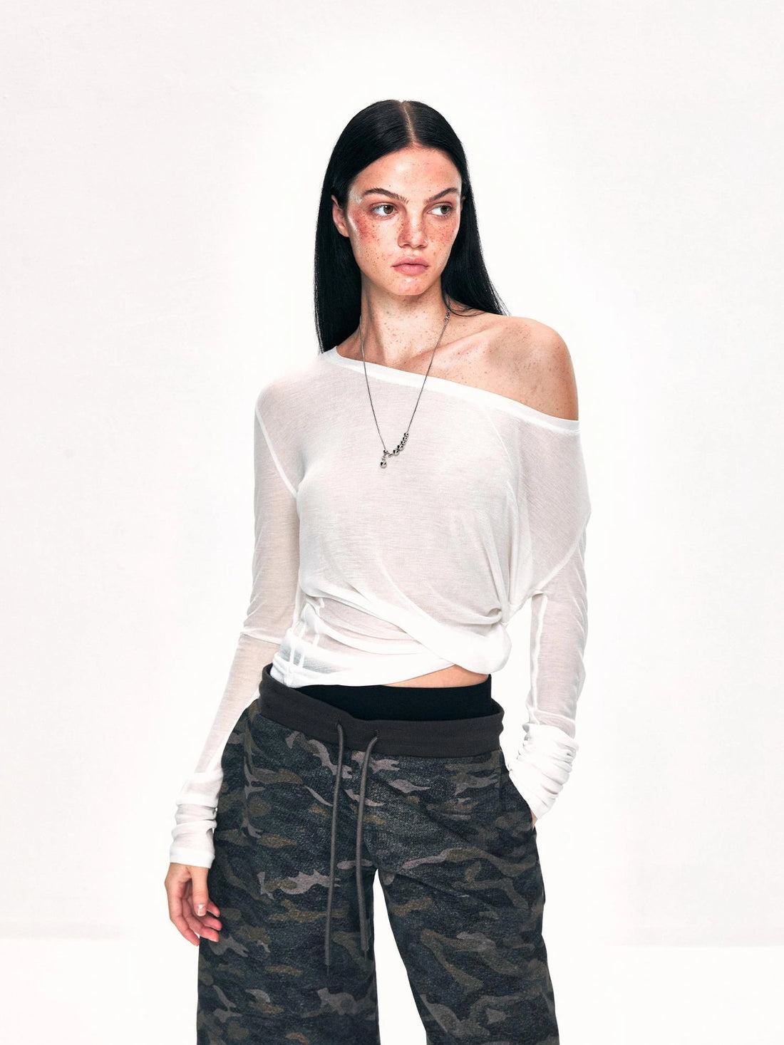 kvkv Off Shoulder Ribbed Waist Defining Long Sleeve Top