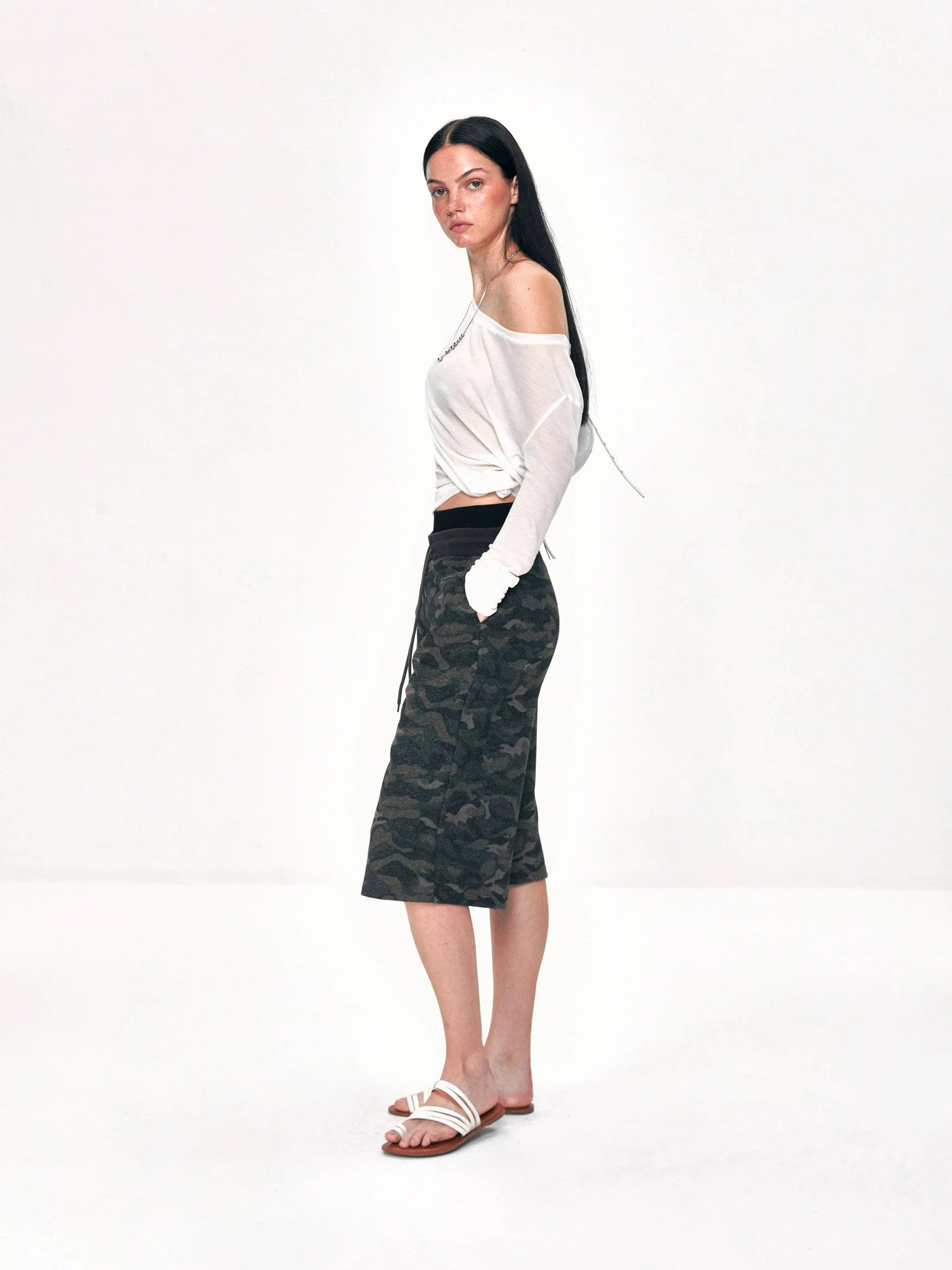 kvkv Off Shoulder Ribbed Waist Defining Long Sleeve Top