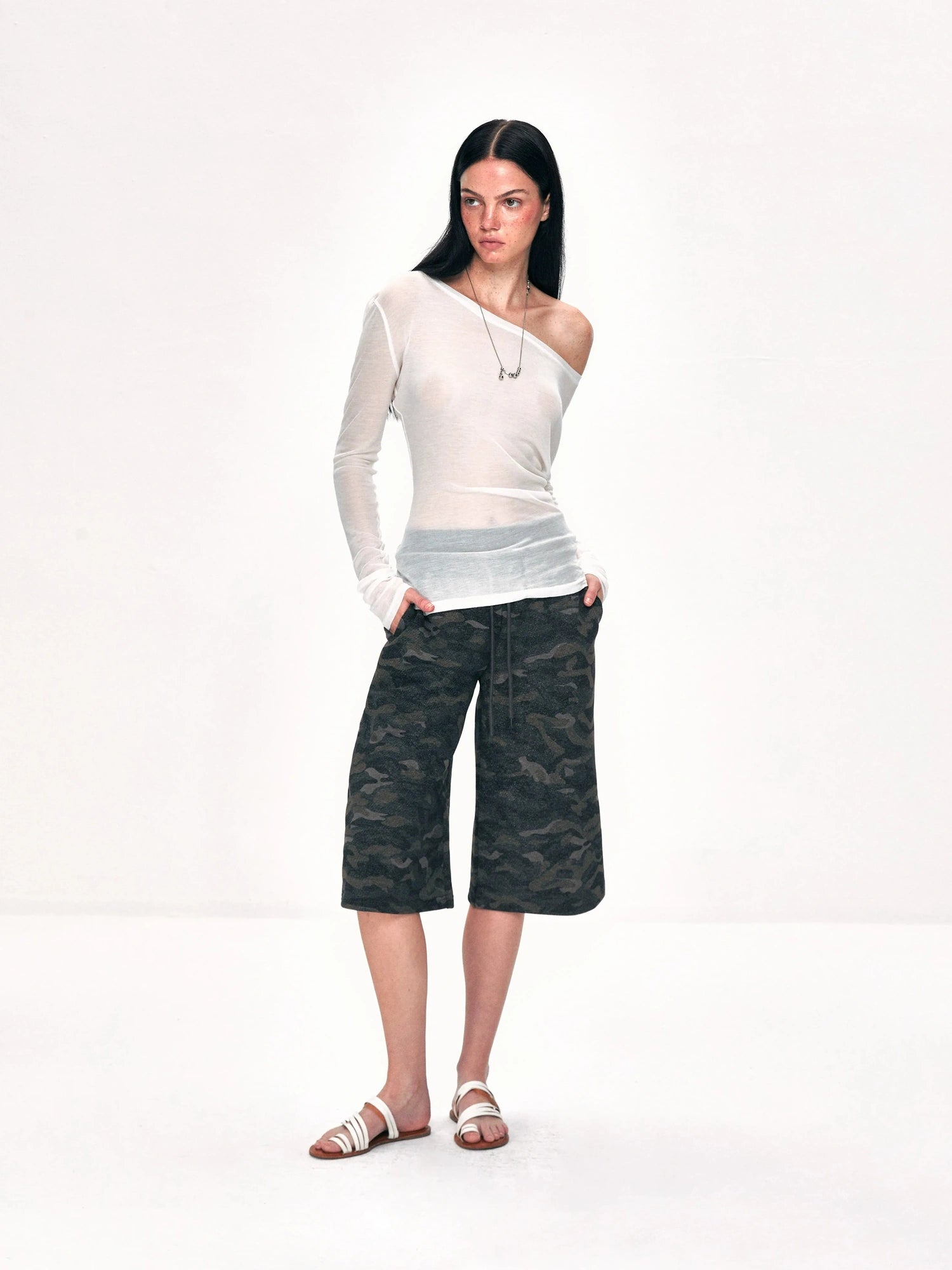 kvkv Off Shoulder Ribbed Waist Defining Long Sleeve Top