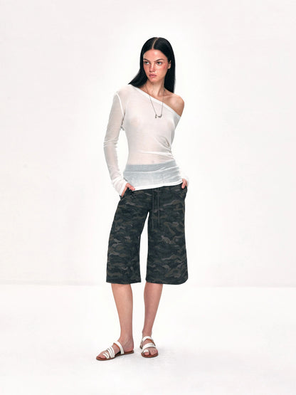 kvkv Off Shoulder Ribbed Waist Defining Long Sleeve Top
