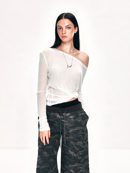 kvkv Off Shoulder Ribbed Waist Defining Long Sleeve Top