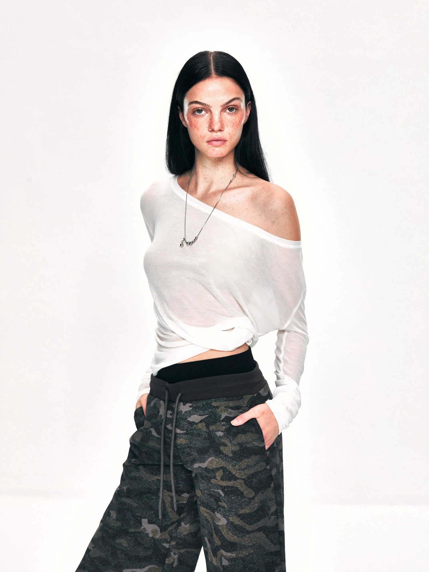 kvkv Off Shoulder Ribbed Waist Defining Long Sleeve Top