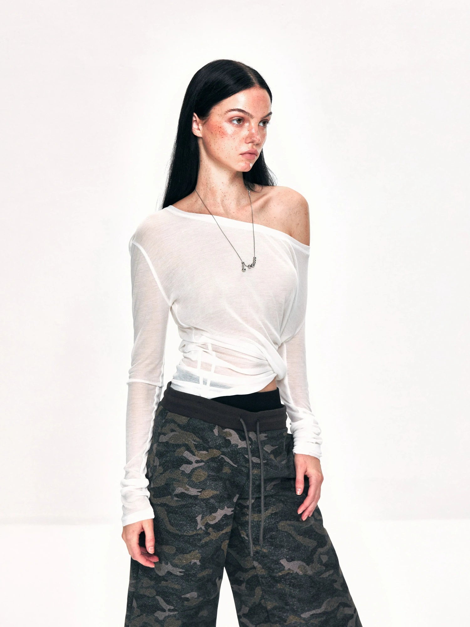kvkv Off Shoulder Ribbed Waist Defining Long Sleeve Top