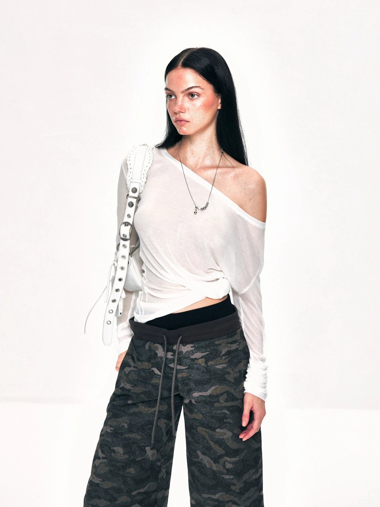 kvkv Off Shoulder Ribbed Waist Defining Long Sleeve Top