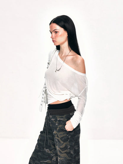 kvkv Off Shoulder Ribbed Waist Defining Long Sleeve Top