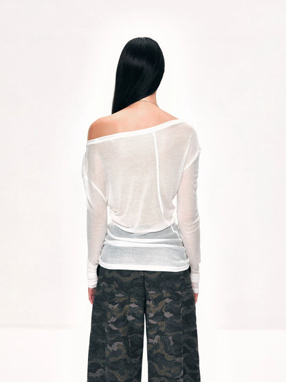 kvkv Off Shoulder Ribbed Waist Defining Long Sleeve Top
