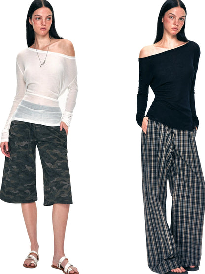 kvkv Off Shoulder Ribbed Waist Defining Long Sleeve Top