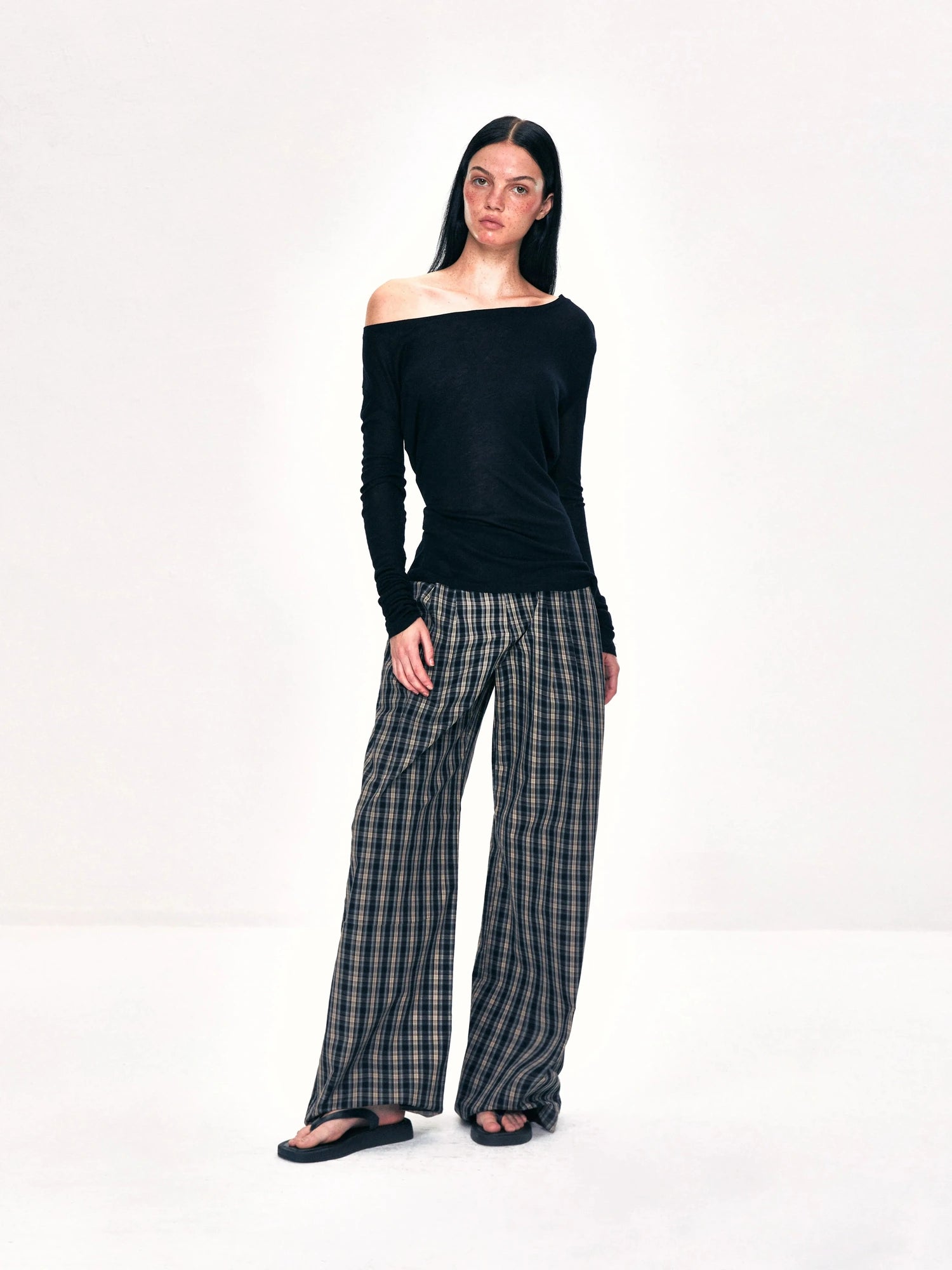 kvkv Off Shoulder Ribbed Waist Defining Long Sleeve Top