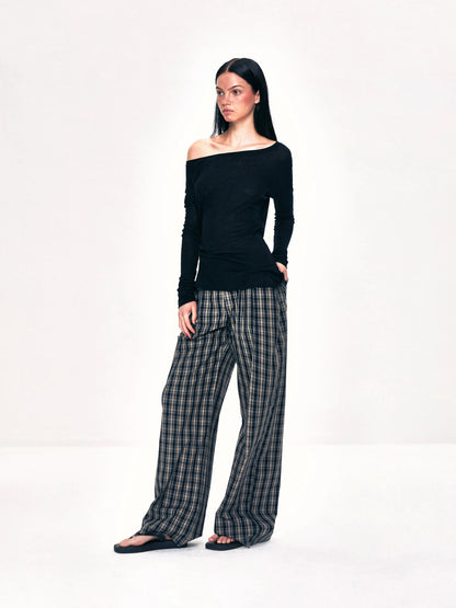 kvkv Off Shoulder Ribbed Waist Defining Long Sleeve Top