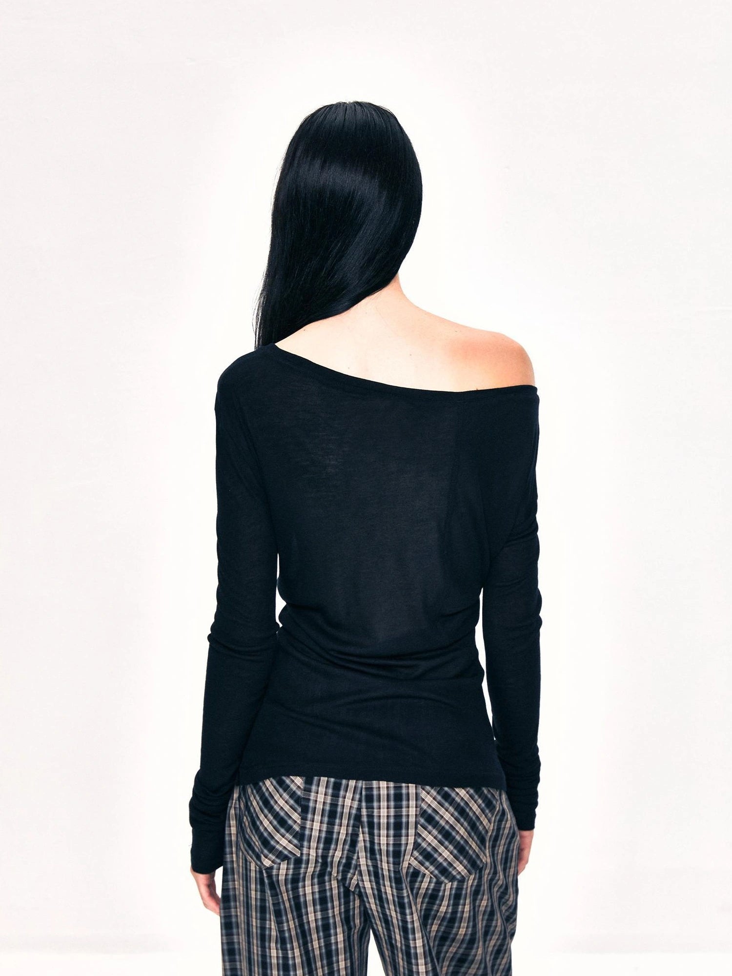 kvkv Off Shoulder Ribbed Waist Defining Long Sleeve Top