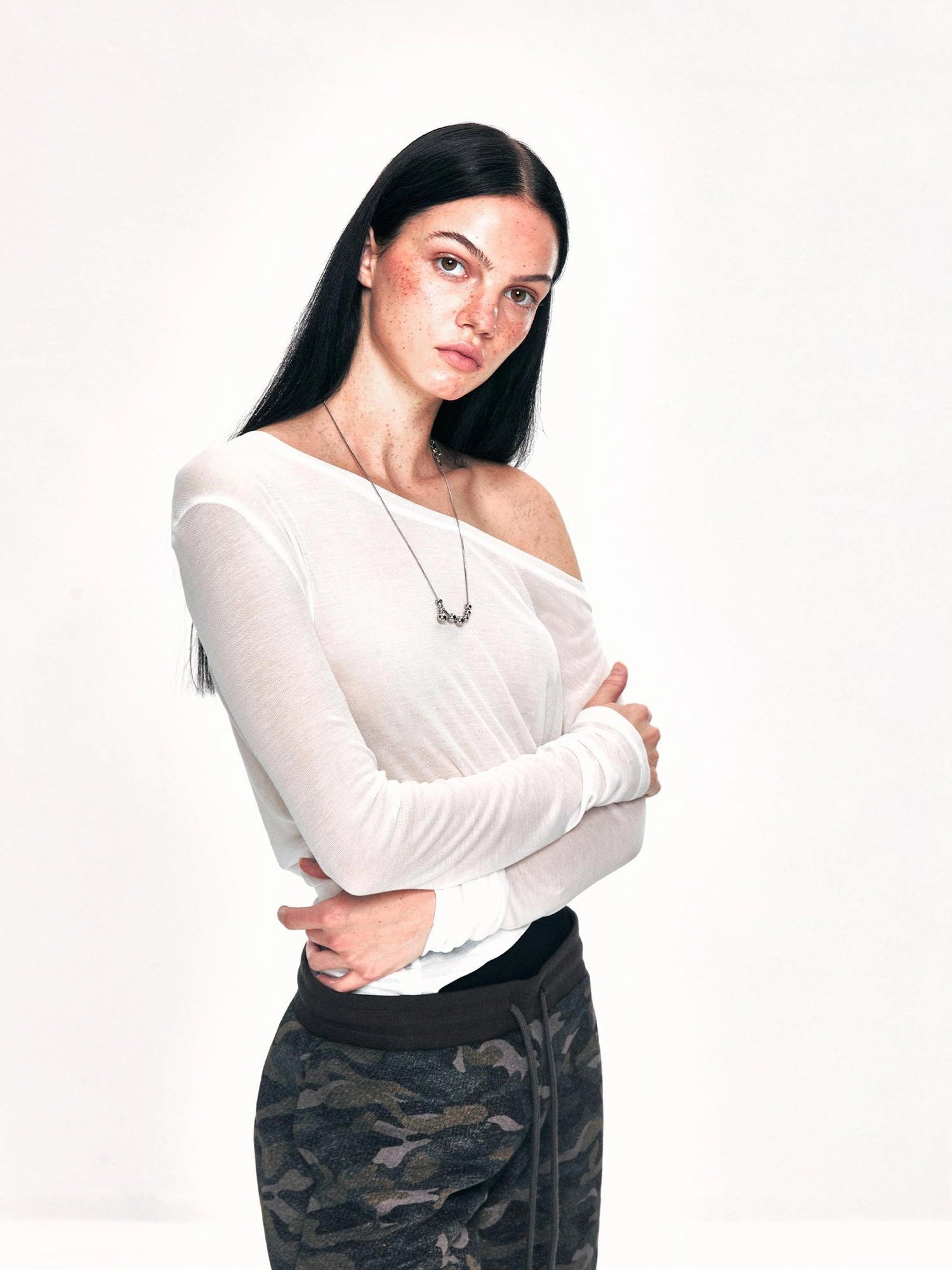 kvkv Off Shoulder Ribbed Waist Defining Long Sleeve Top