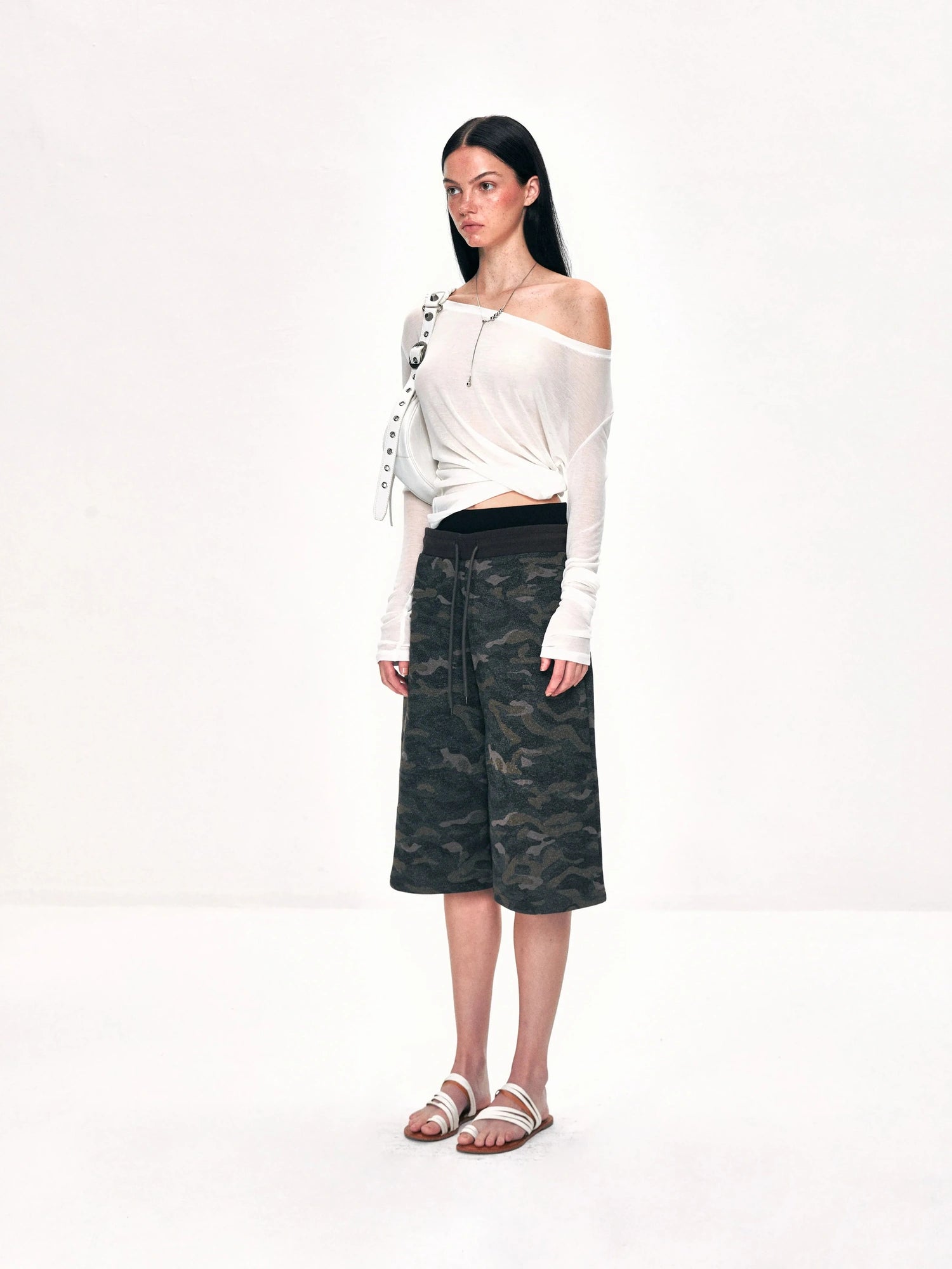 kvkv Off Shoulder Ribbed Waist Defining Long Sleeve Top