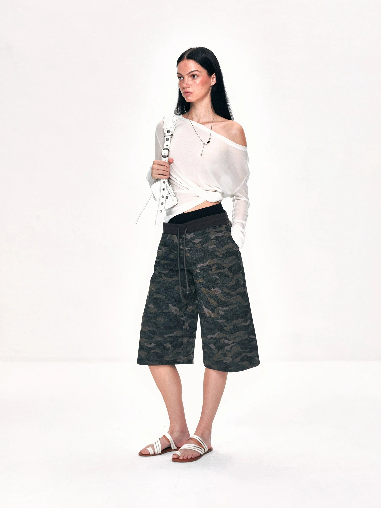 kvkv Off Shoulder Ribbed Waist Defining Long Sleeve Top