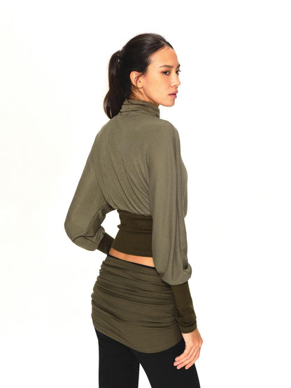kvkv Olive Green Color Block Cinched Waist Batwing Sleeve Women&