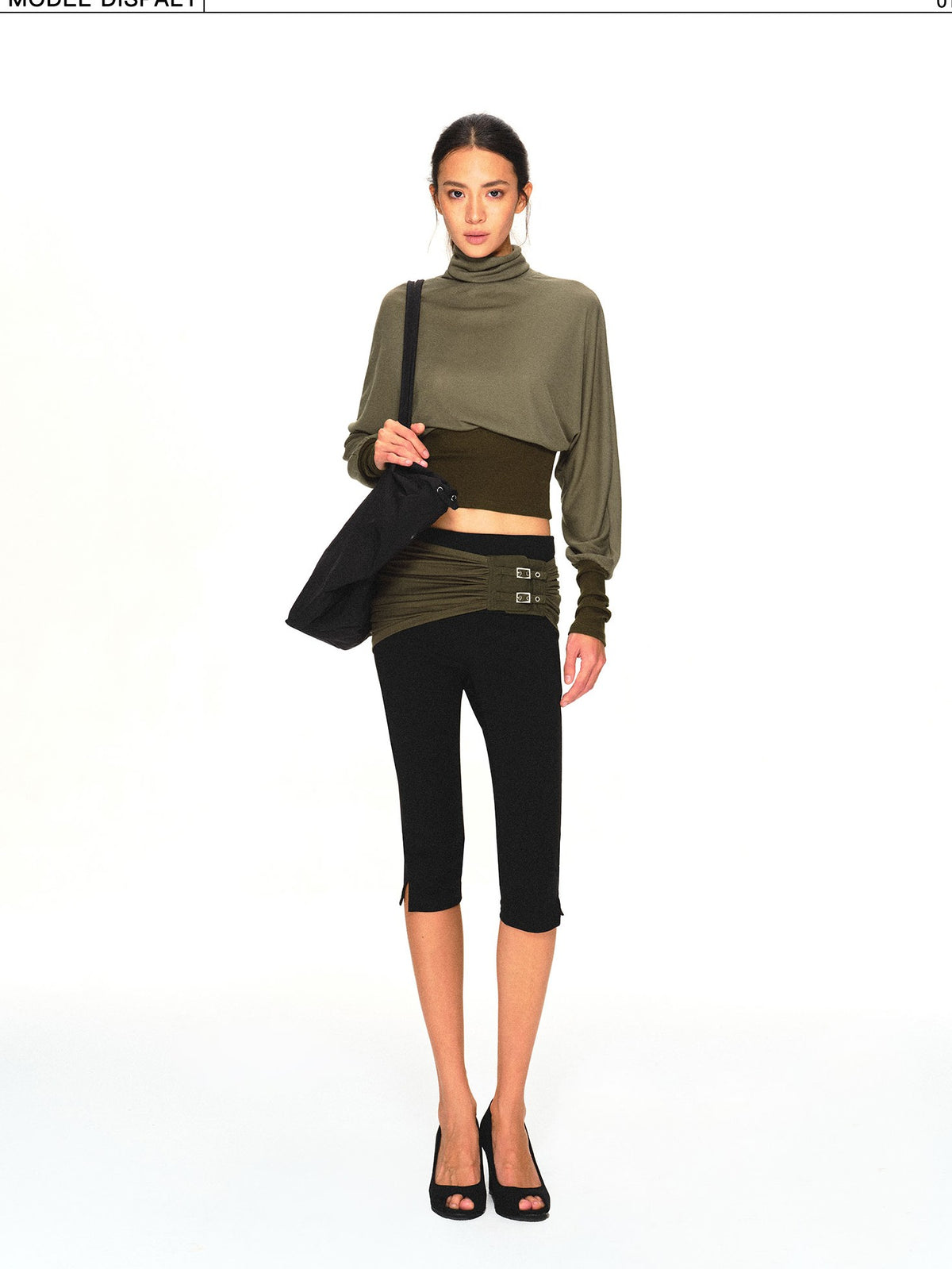 kvkv Olive Green Color Block Cinched Waist Batwing Sleeve Women&