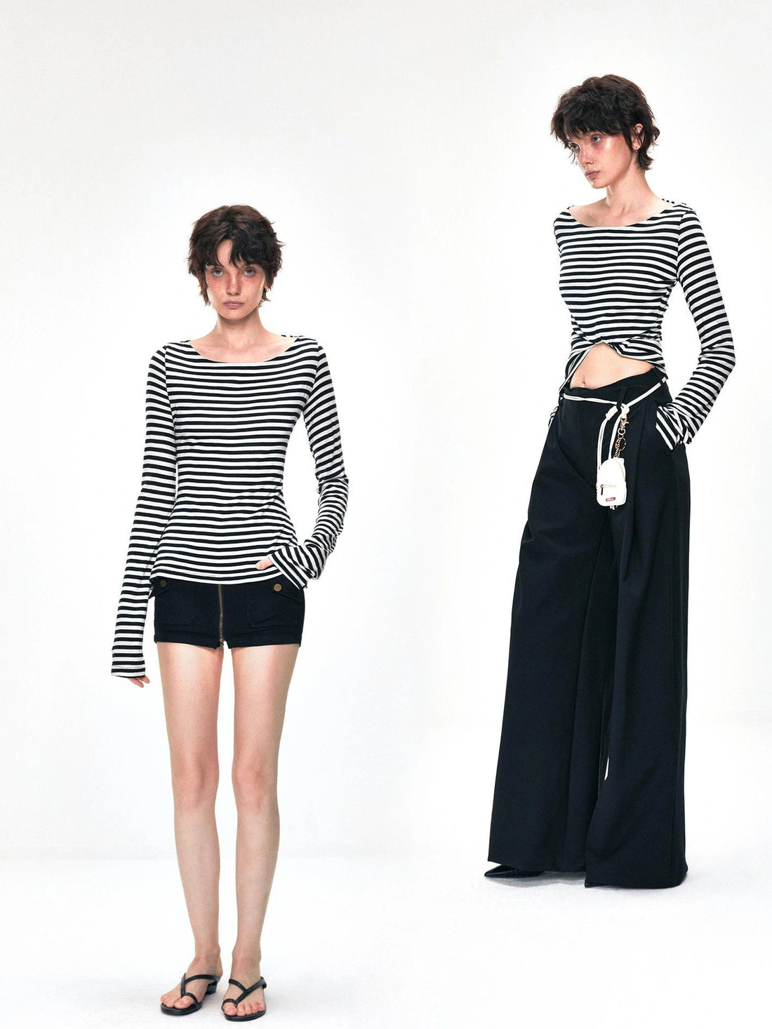 kvkv One Shoulder Back Tie Striped Slim Fit Long Sleeve Top