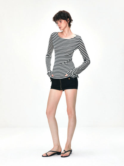 kvkv One Shoulder Back Tie Striped Slim Fit Long Sleeve Top