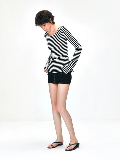 kvkv One Shoulder Back Tie Striped Slim Fit Long Sleeve Top