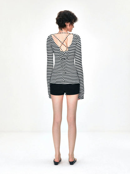 kvkv One Shoulder Back Tie Striped Slim Fit Long Sleeve Top