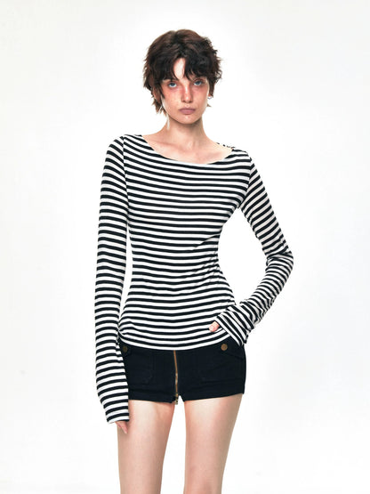 kvkv One Shoulder Back Tie Striped Slim Fit Long Sleeve Top