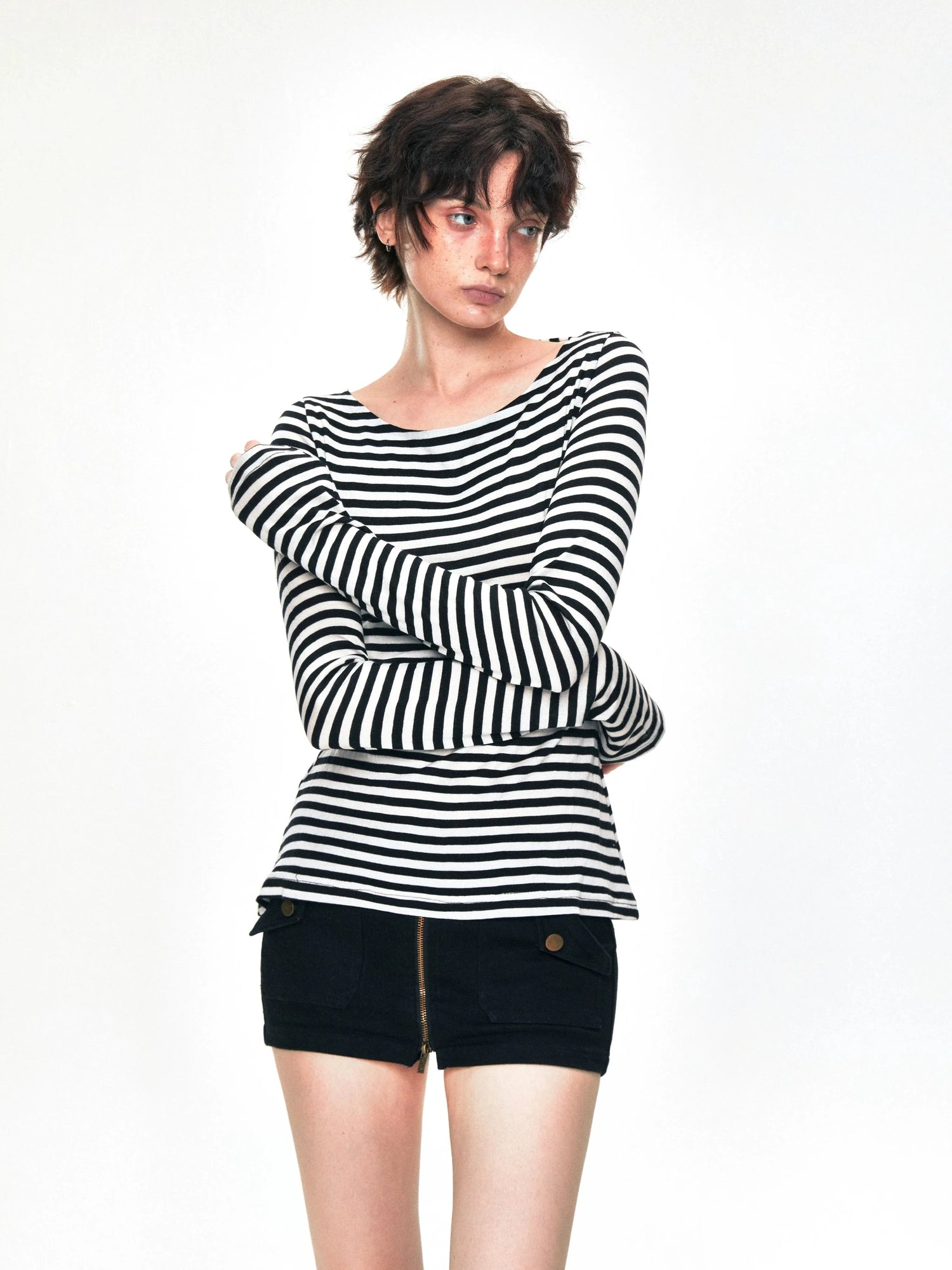 kvkv One Shoulder Back Tie Striped Slim Fit Long Sleeve Top