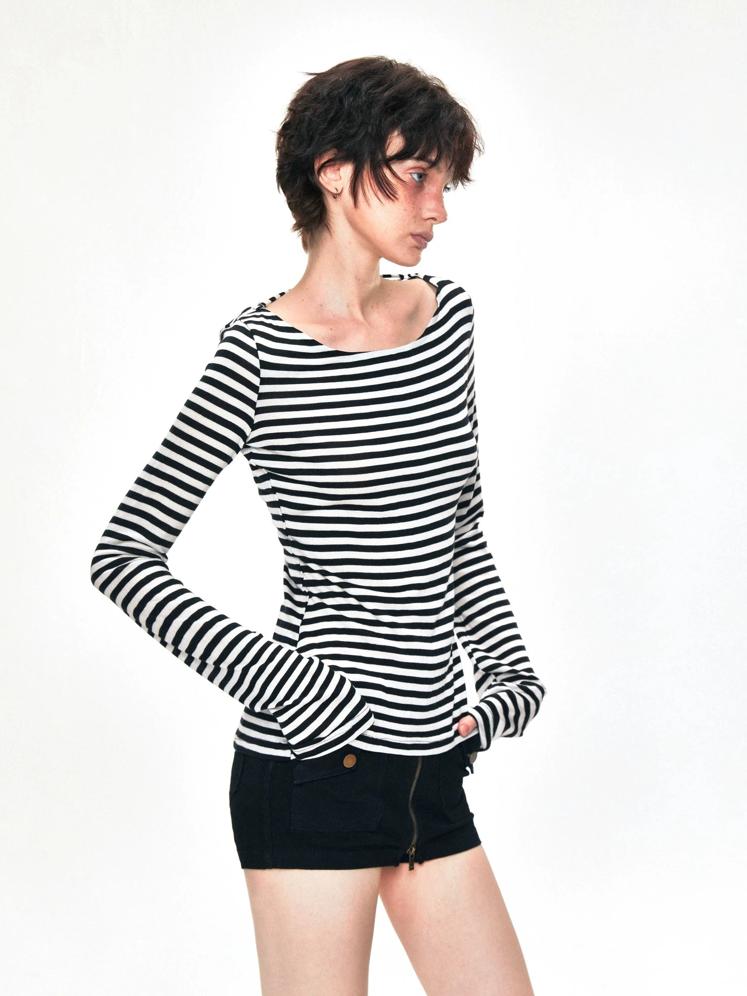 kvkv One Shoulder Back Tie Striped Slim Fit Long Sleeve Top
