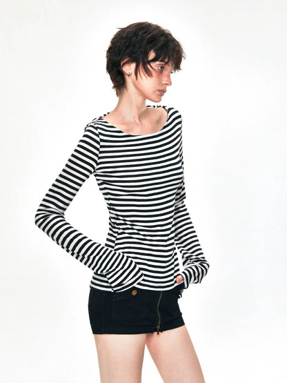kvkv One Shoulder Back Tie Striped Slim Fit Long Sleeve Top