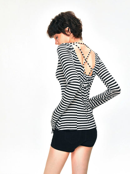 kvkv One Shoulder Back Tie Striped Slim Fit Long Sleeve Top