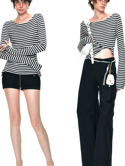 kvkv One Shoulder Back Tie Striped Slim Fit Long Sleeve Top