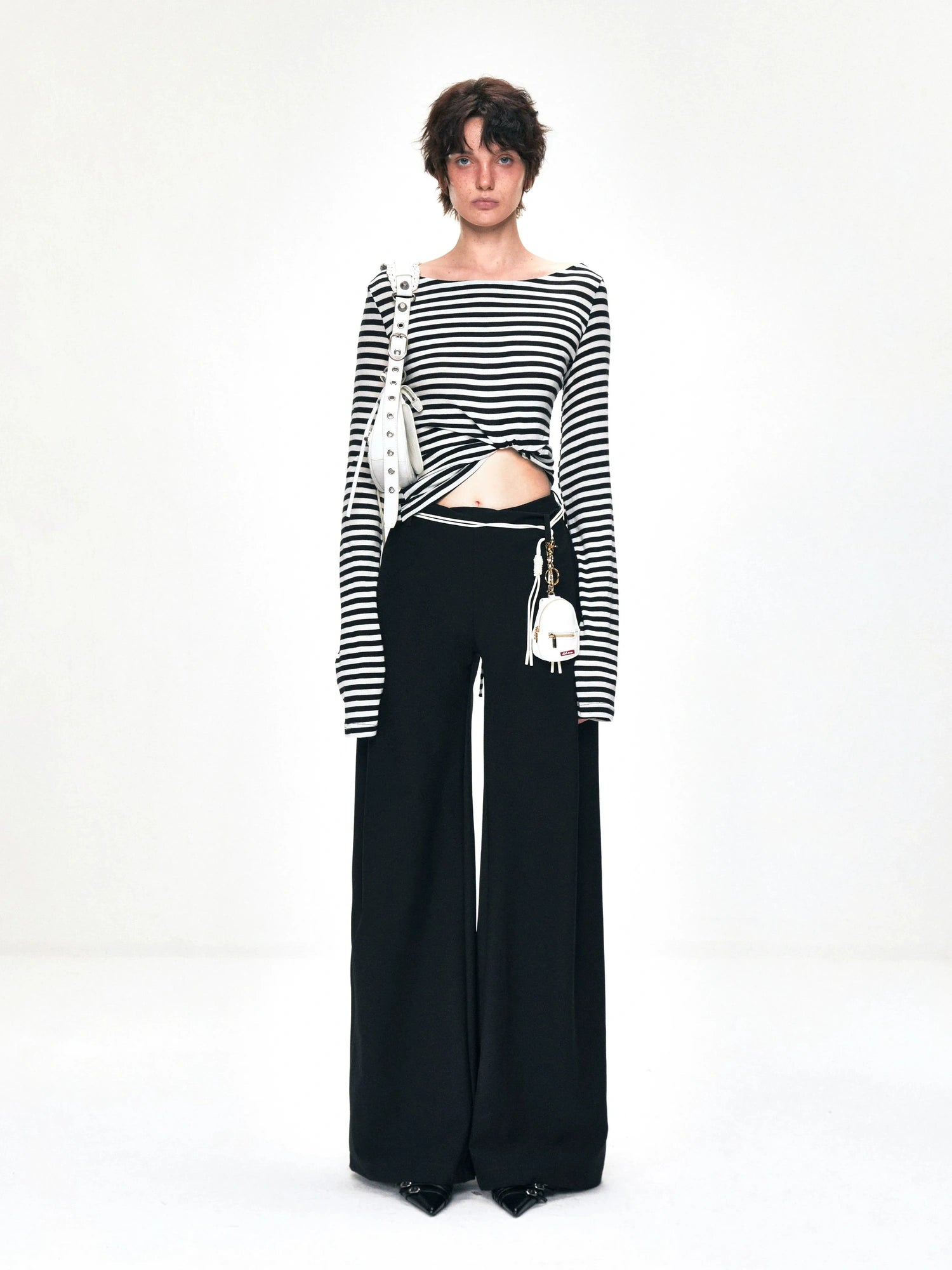 kvkv One Shoulder Back Tie Striped Slim Fit Long Sleeve Top