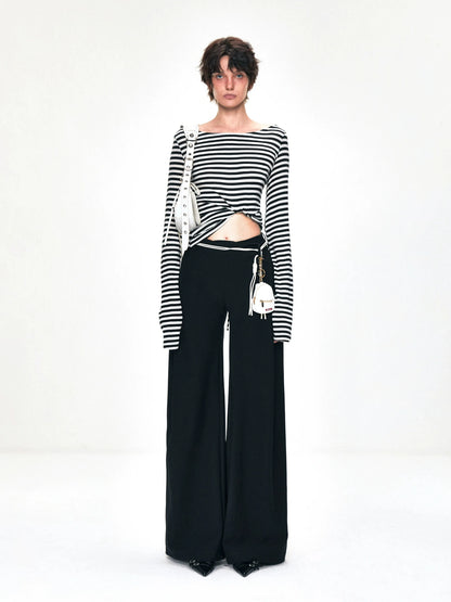 kvkv One Shoulder Back Tie Striped Slim Fit Long Sleeve Top