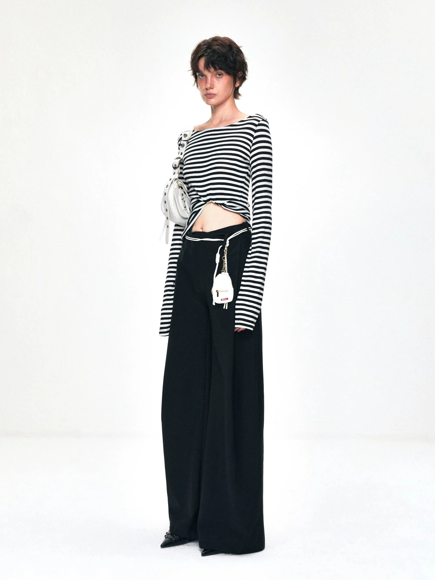 kvkv One Shoulder Back Tie Striped Slim Fit Long Sleeve Top