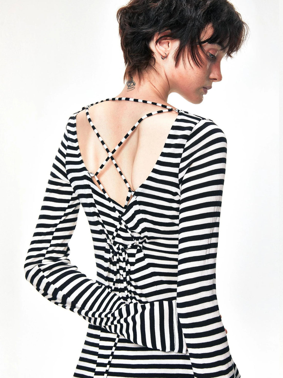 kvkv One Shoulder Back Tie Striped Slim Fit Long Sleeve Top