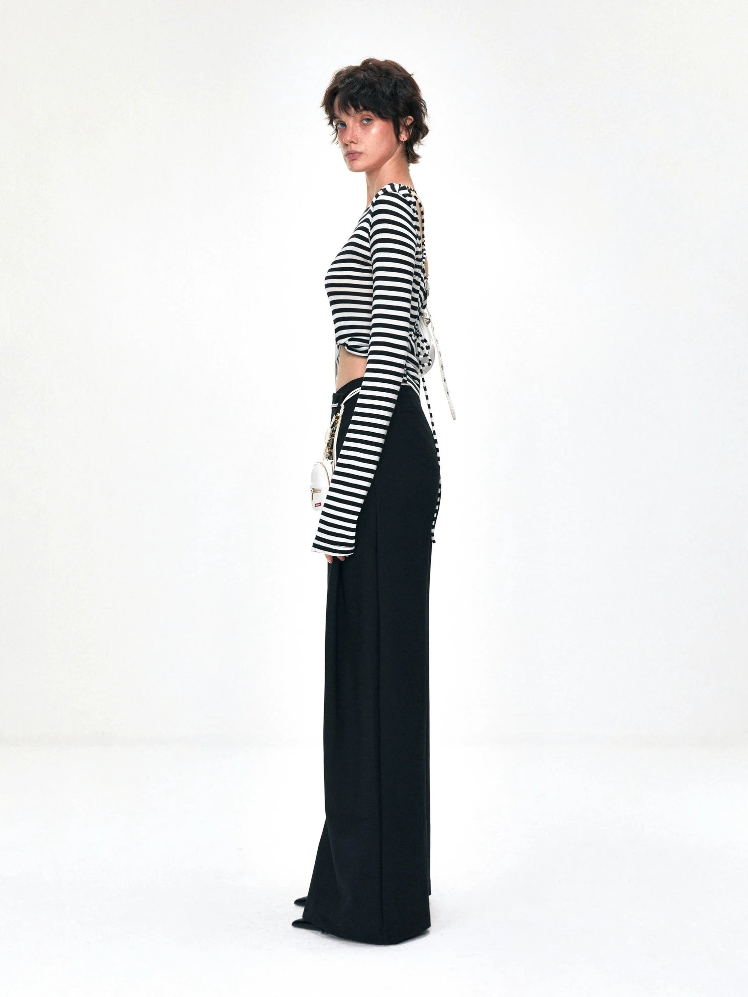 kvkv One Shoulder Back Tie Striped Slim Fit Long Sleeve Top