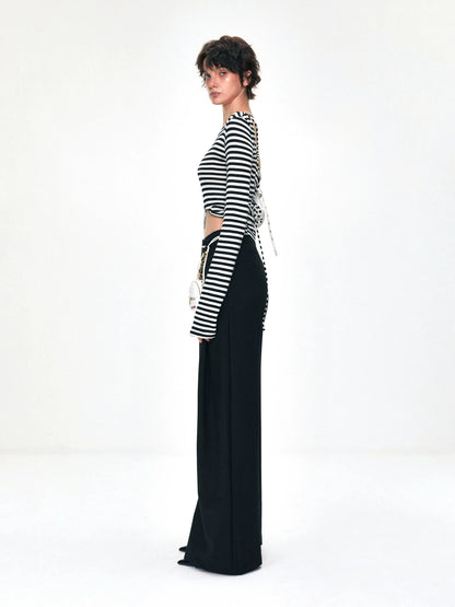 kvkv One Shoulder Back Tie Striped Slim Fit Long Sleeve Top