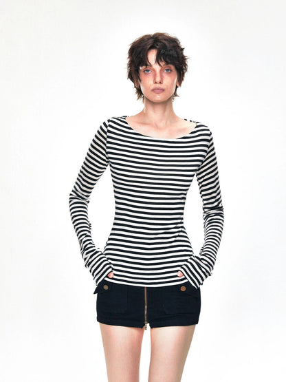 kvkv One Shoulder Back Tie Striped Slim Fit Long Sleeve Top