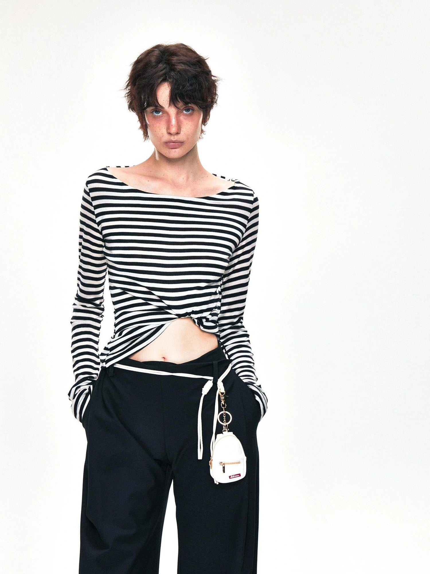 kvkv One Shoulder Back Tie Striped Slim Fit Long Sleeve Top