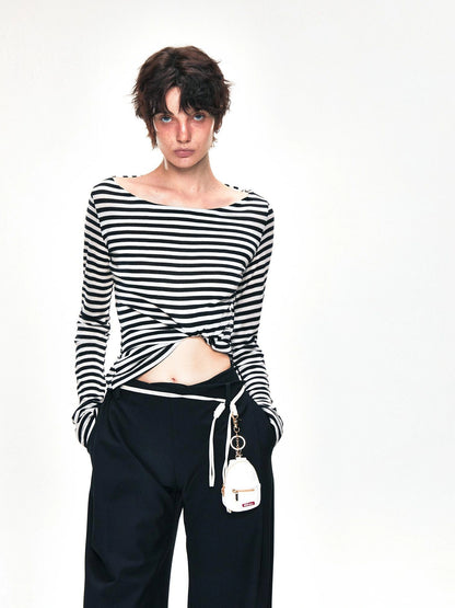 kvkv One Shoulder Back Tie Striped Slim Fit Long Sleeve Top