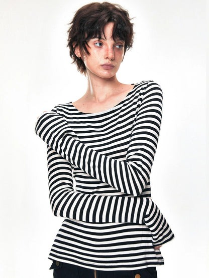 kvkv One Shoulder Back Tie Striped Slim Fit Long Sleeve Top