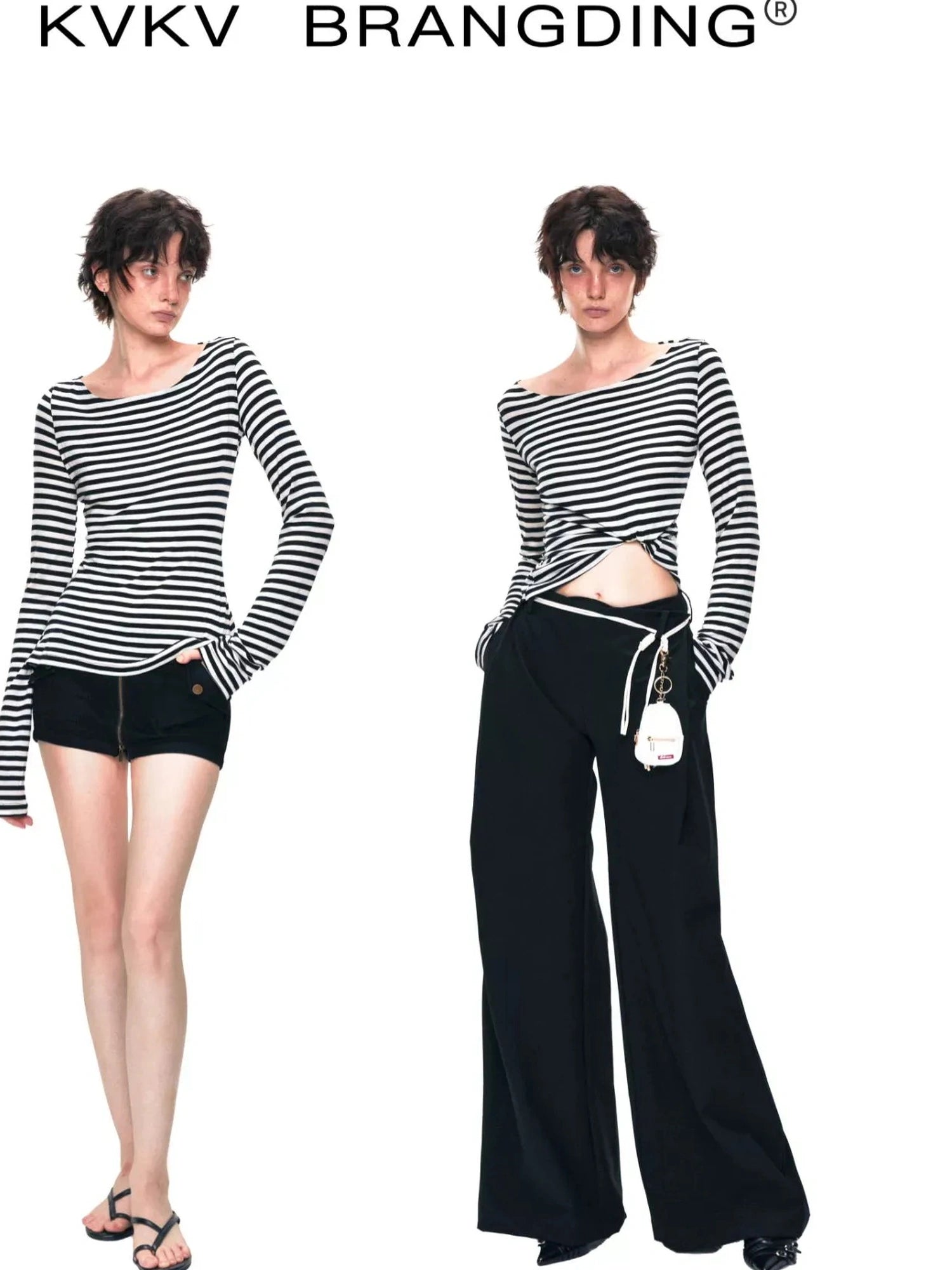 kvkv One Shoulder Back Tie Striped Slim Fit Long Sleeve Top