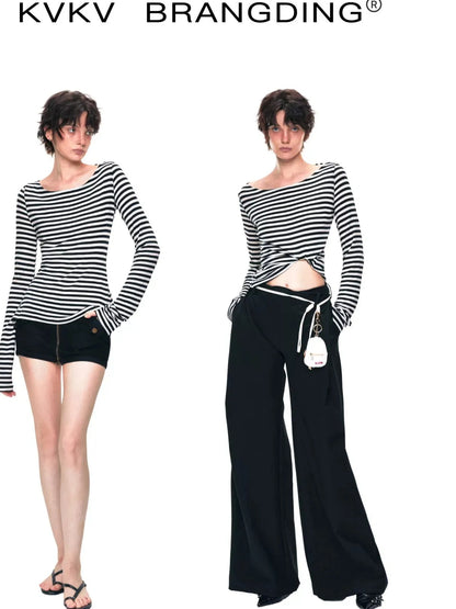 kvkv One Shoulder Back Tie Striped Slim Fit Long Sleeve Top