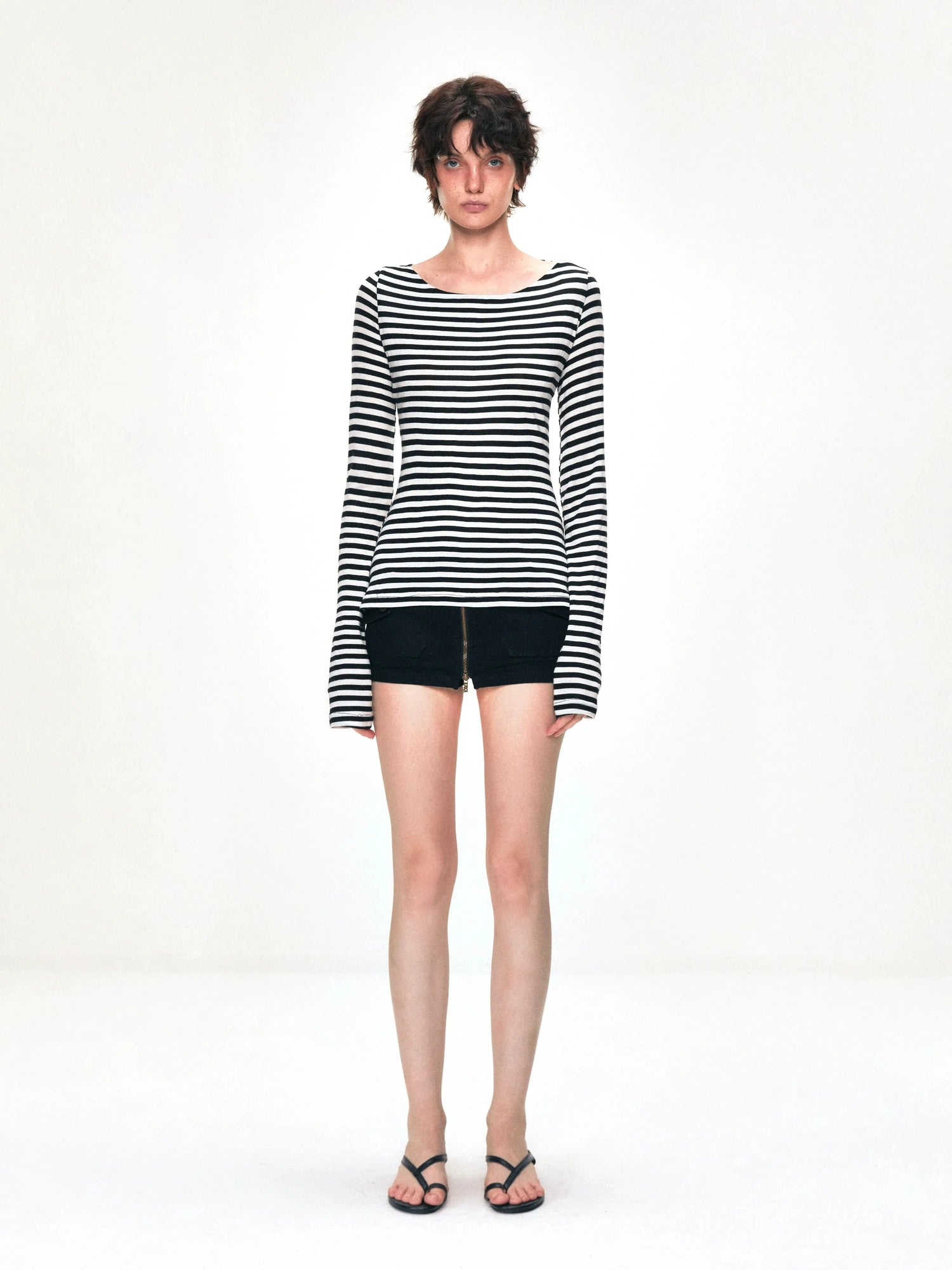 kvkv One Shoulder Back Tie Striped Slim Fit Long Sleeve Top