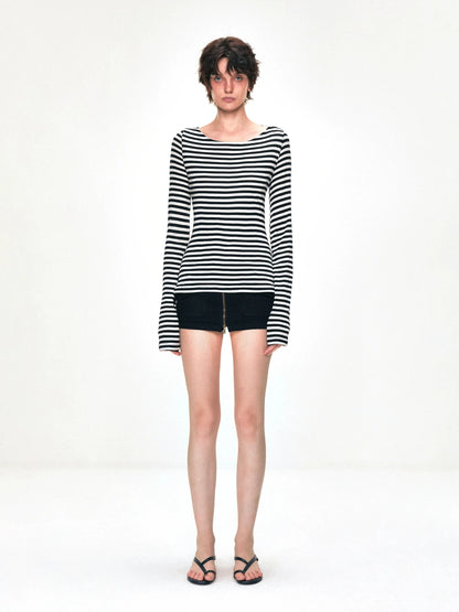 kvkv One Shoulder Back Tie Striped Slim Fit Long Sleeve Top