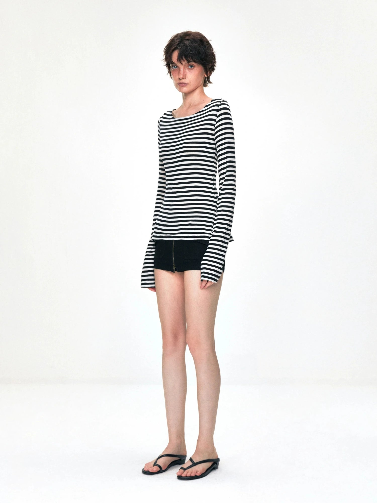kvkv One Shoulder Back Tie Striped Slim Fit Long Sleeve Top
