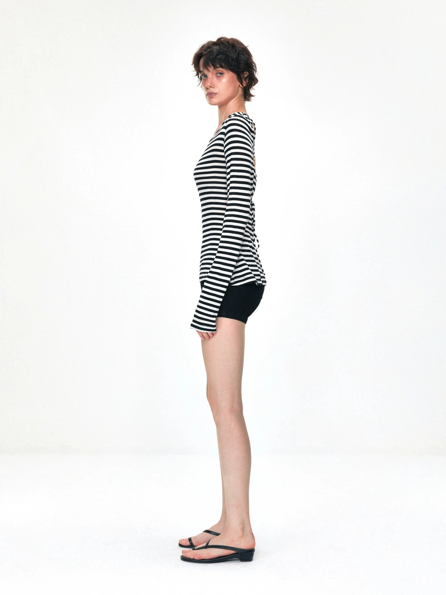 kvkv One Shoulder Back Tie Striped Slim Fit Long Sleeve Top