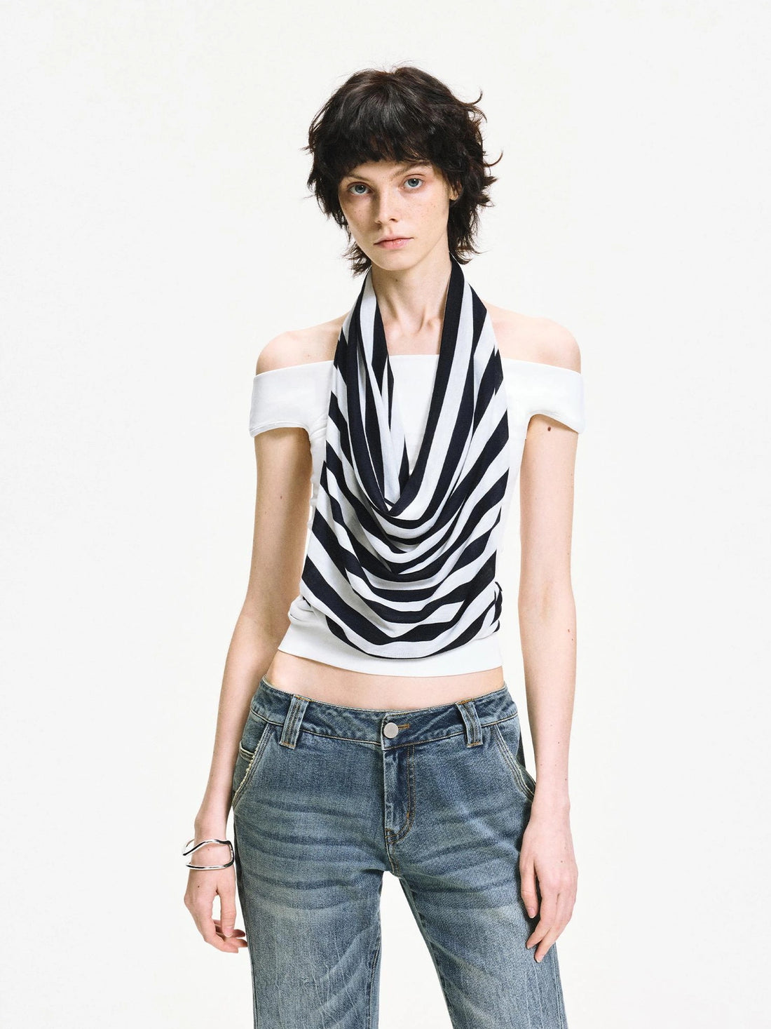 kvkv One Shoulder Striped Draped Neck Wrap Top