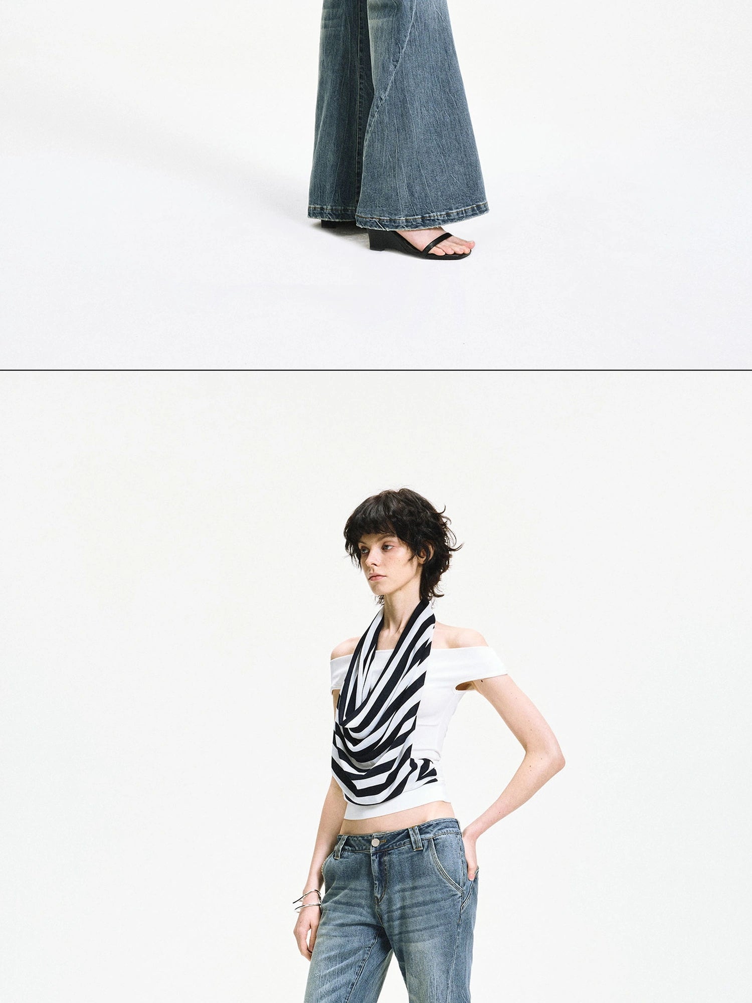 kvkv One Shoulder Striped Draped Neck Wrap Top