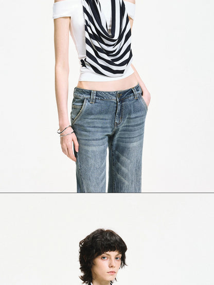 kvkv One Shoulder Striped Draped Neck Wrap Top