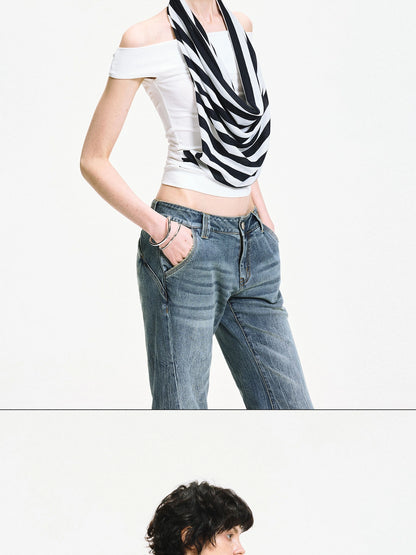 kvkv One Shoulder Striped Draped Neck Wrap Top