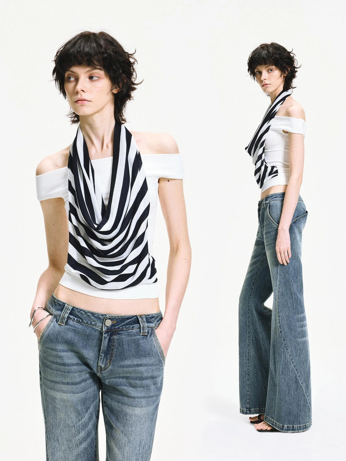kvkv One Shoulder Striped Draped Neck Wrap Top